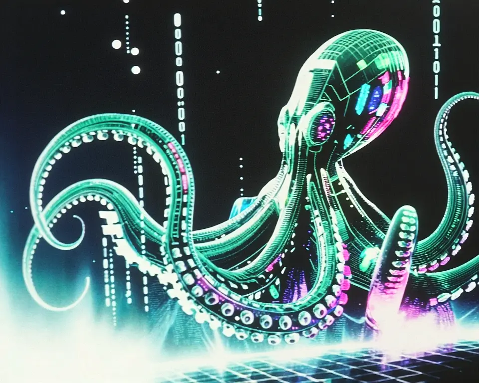 Close up object of a cybernetic octopus with tentacles morphing into cascading streams of luminous code fragments.