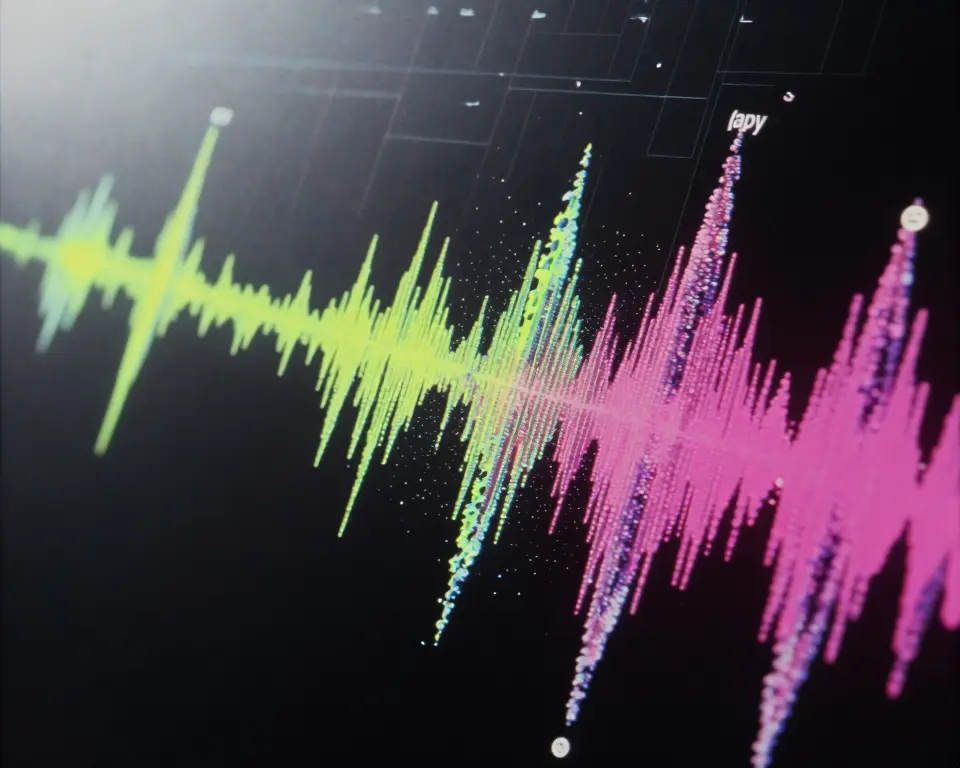 Close-up object of a dynamic audio waveform sculpted from crystalline neon fibers and shimmering holographic dust.