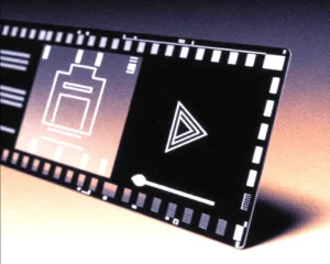 Close up object of a film frame with a playhead slider with a playhead slider is made up of a digital wireframe.