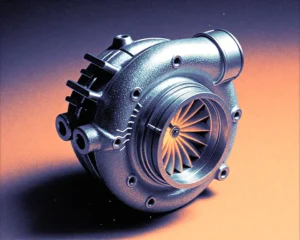 Close up object of a futuristic turbocharger with studio rim lighting highlighting the edges.