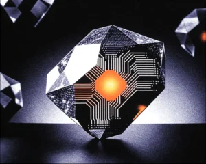 Close up object of a glowing digital gemstone with complex crystalline circuit board texture.