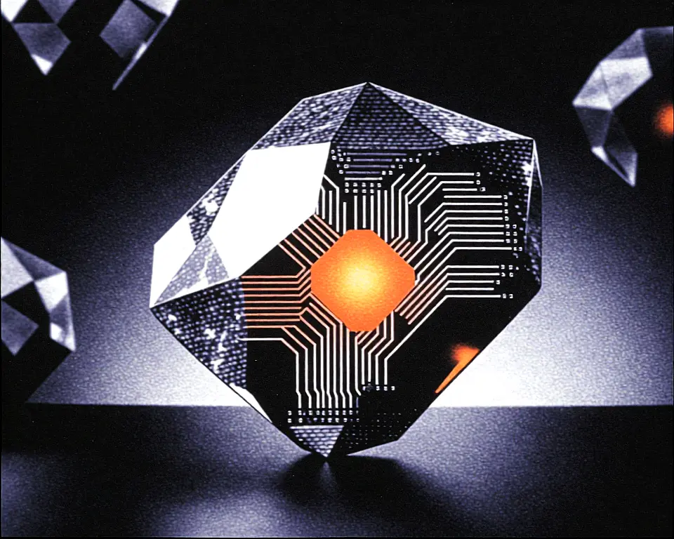 Close up object of a glowing digital gemstone with complex crystalline circuit board texture.