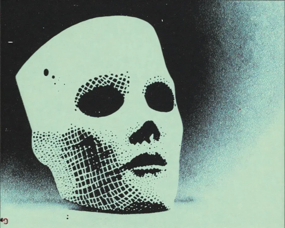 Close up object of a gradual mask angled isometric composition and extreme digital grain.