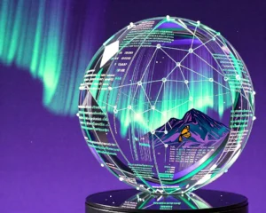 Close up object of a luminous cosmos orb with floating multilingual text.