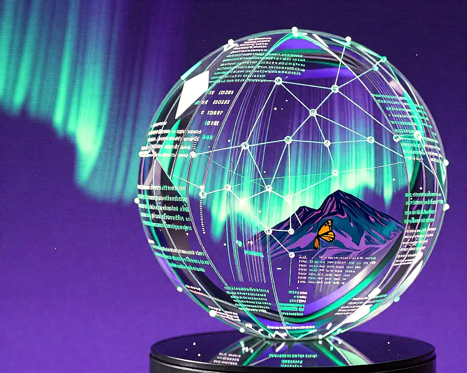 Close up object of a luminous cosmos orb with floating multilingual text.
