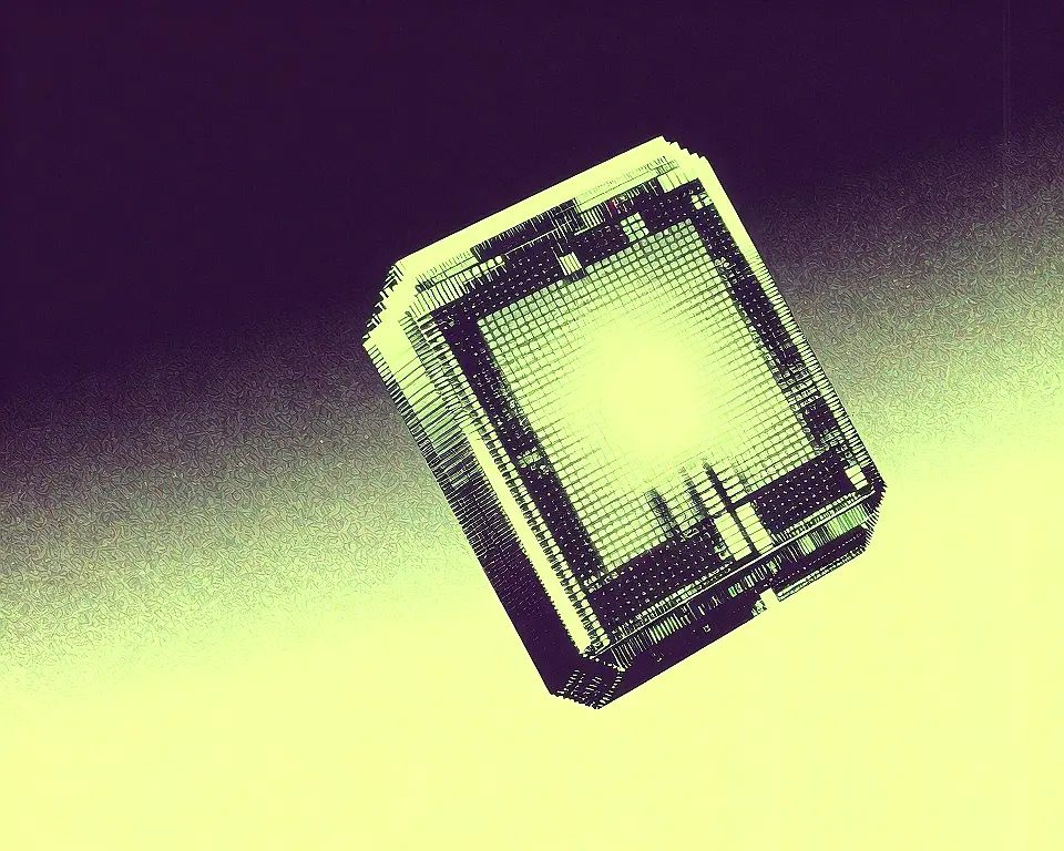 Close up object of a pixel in wireframe design floating against a deep obsidian void.