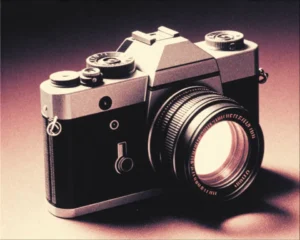 Close up object of a vintage film camera made of a sleek brushed metal and frosted glass material.