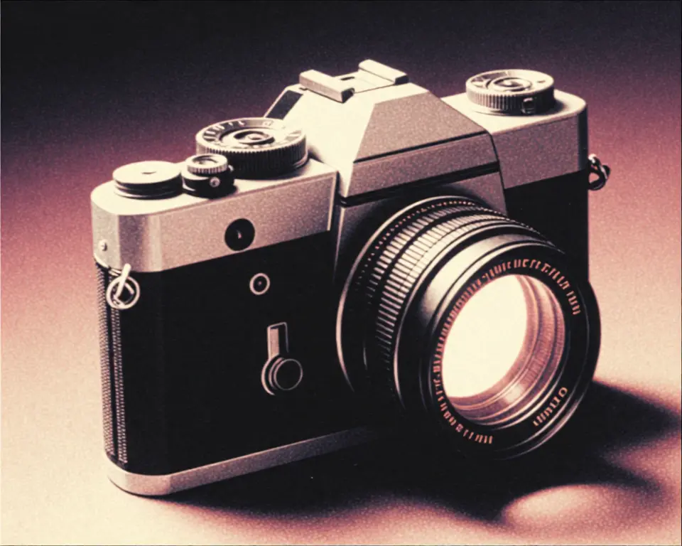 Close up object of a vintage film camera made of a sleek brushed metal and frosted glass material.