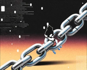 Close up of a broken chain with sharp shadows emphasizing the metallic sheen.
