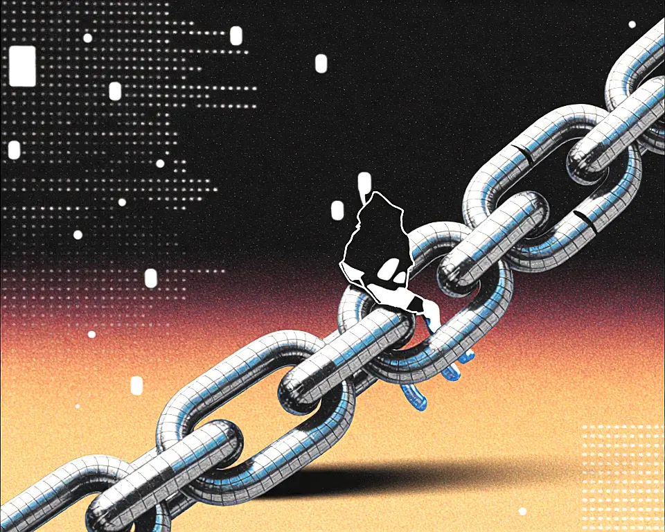 Close up of a broken chain with sharp shadows emphasizing the metallic sheen.
