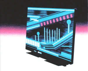 Close up of a futuristic desktop window shows a luminous AI-generated landscape.