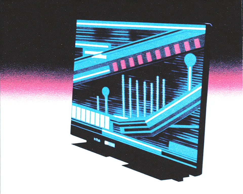 Close up of a futuristic desktop window shows a luminous AI-generated landscape.