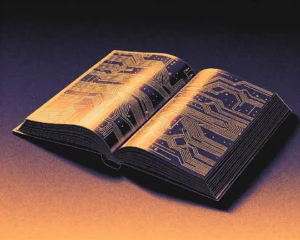Close up of a giant open book with glowing gold digital circuit board and black pages.