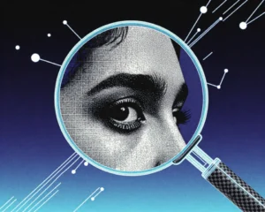 Close up of a magnifying glass over a low-resolution portrait.