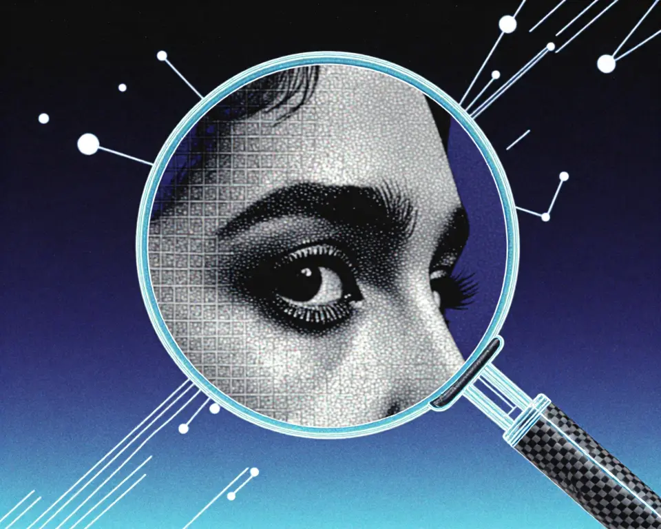 Close up of a magnifying glass over a low-resolution portrait.