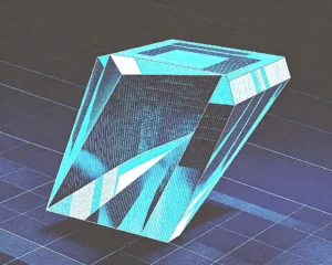 Close up of a multifaceted synthetic sapphire appears to be processing streams of data.