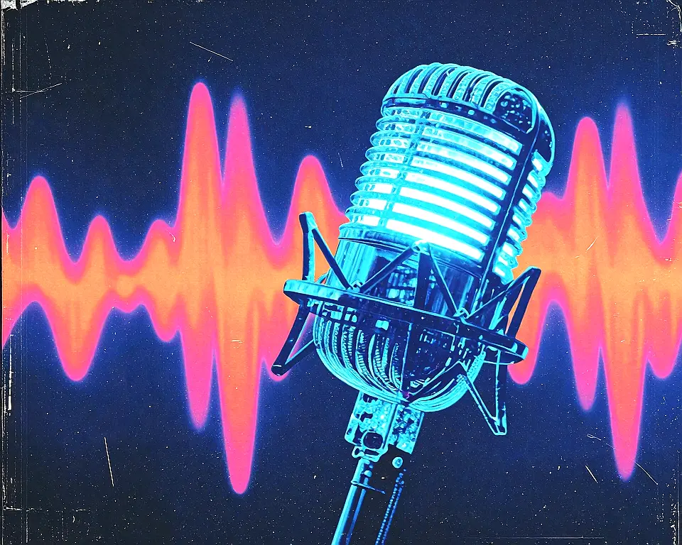 Close-up of a retro condenser microphone as the central object constructed from a luminous and translucent glass shards.