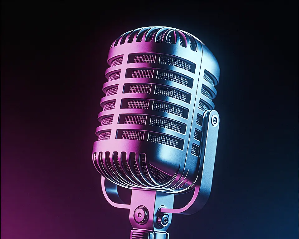 Close up of a vintage studio microphone is made up of a complex wireframe and fiber optic threads.