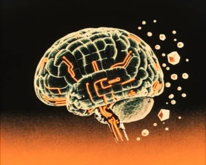 Crystalline human brain of translucent glass material with visible digital wireframe circuits.