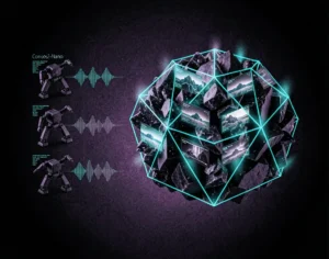 Crystalline polyhedron is constructed from translucent dark matter shards with miniature robot figures.