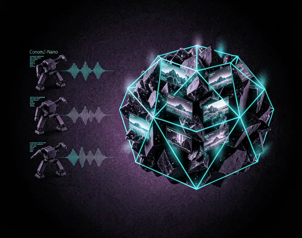 Crystalline polyhedron is constructed from translucent dark matter shards with miniature robot figures.