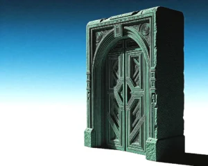 Digital dungeon door made up of textured stone materials and blending organic architecture.