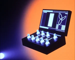 Digital futuristic color grading control panel with split-screen comparison display.
