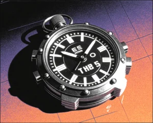 Digital futuristic stopwatch made up of a brushed titanium and holographic glass design.
