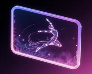 Digital graphic design work of a frame holding an animated dancer leaping with glowing trails.