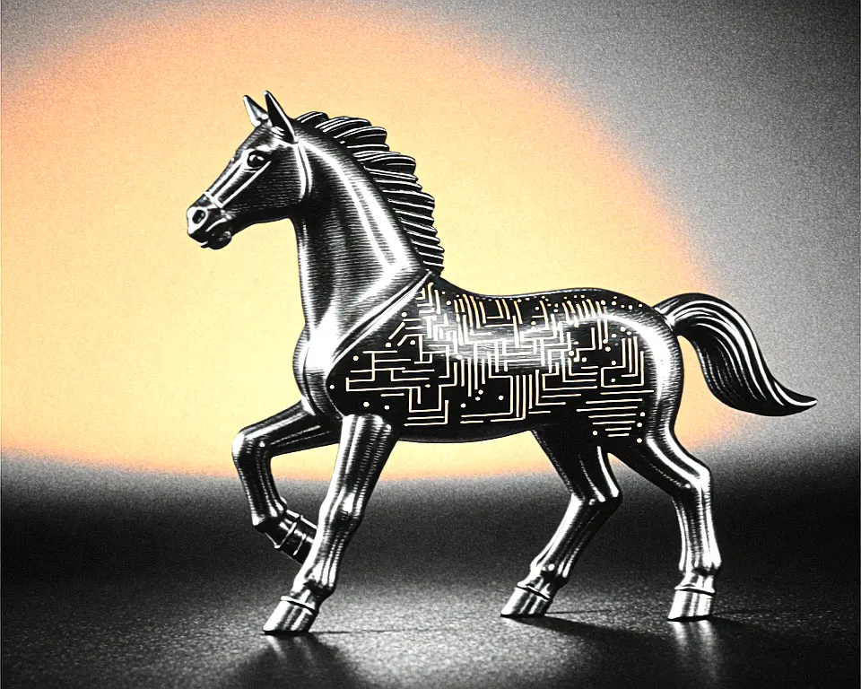 Digital graphic of a galloping pony figurine consists of sleek brushed aluminum and glowing silicon wafers.