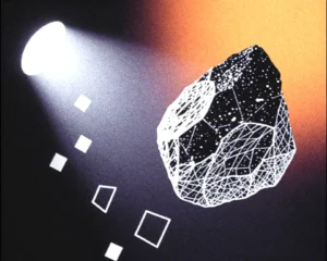Digital graphic of a raw uncut gemstone illuminated by a harsh studio spotlight.