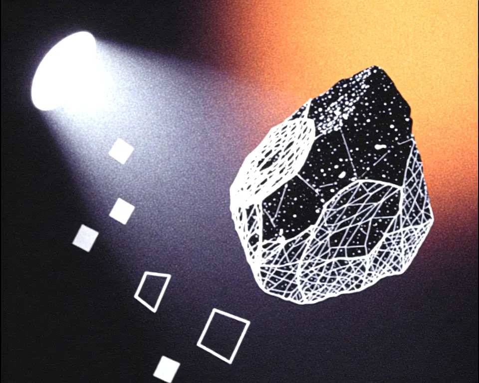 Digital graphic of a raw uncut gemstone illuminated by a harsh studio spotlight.