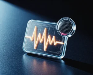 Digital metallic floating macOS menu bar icon that fuses a sleek microphone with a glowing waveform.