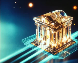 Digital miniature pantheon temple consists of translucent crystal with embedded glowing golden neural circuits.