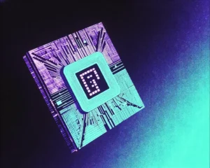 Digital stylized processor die with extreme digital grain high gradients colors of dark purple.