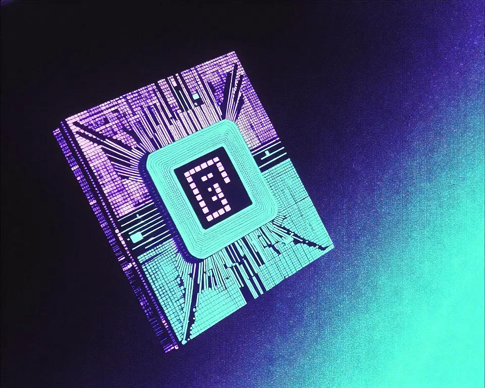Digital stylized processor die with extreme digital grain high gradients colors of dark purple.