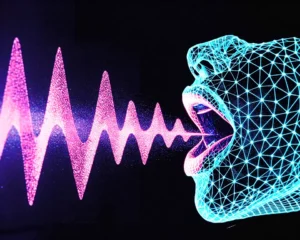 Digital stylized wireframe human mouth mid-vocalization emitting flowing digital sound waves.
