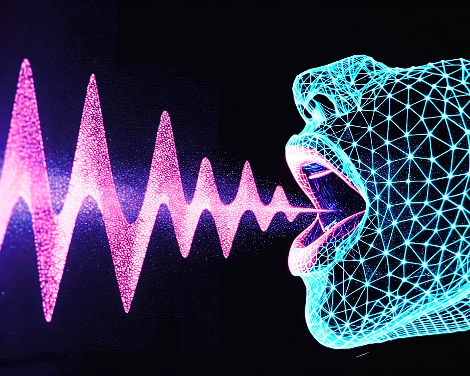 Digital stylized wireframe human mouth mid-vocalization emitting flowing digital sound waves.