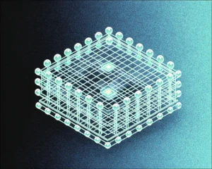 Digital workflow graph block consists of interconnected nodes and flowing data lines.