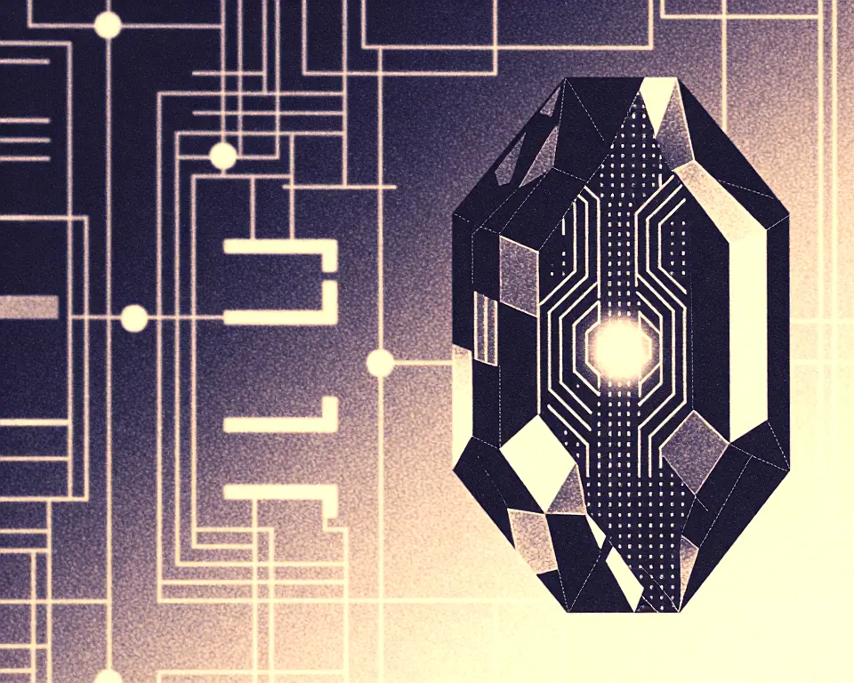 Faceted luminescent gemstone made from digital wireframe and compressed binary data flow.