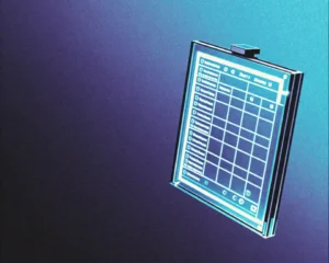 Floating holographic navigation control panel is composed of transparent glowing interface elements.