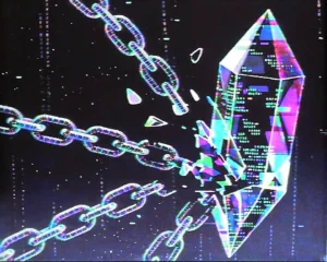 Fractured crystal prism with shattered chain links with sharp faceted edges.
