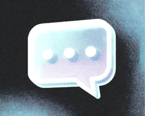 Frosted glass chat bubble composed of layered glass with subtle UI elements.