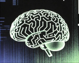 Glowing cybernetic mechanical brain with complex circuitry patterns.