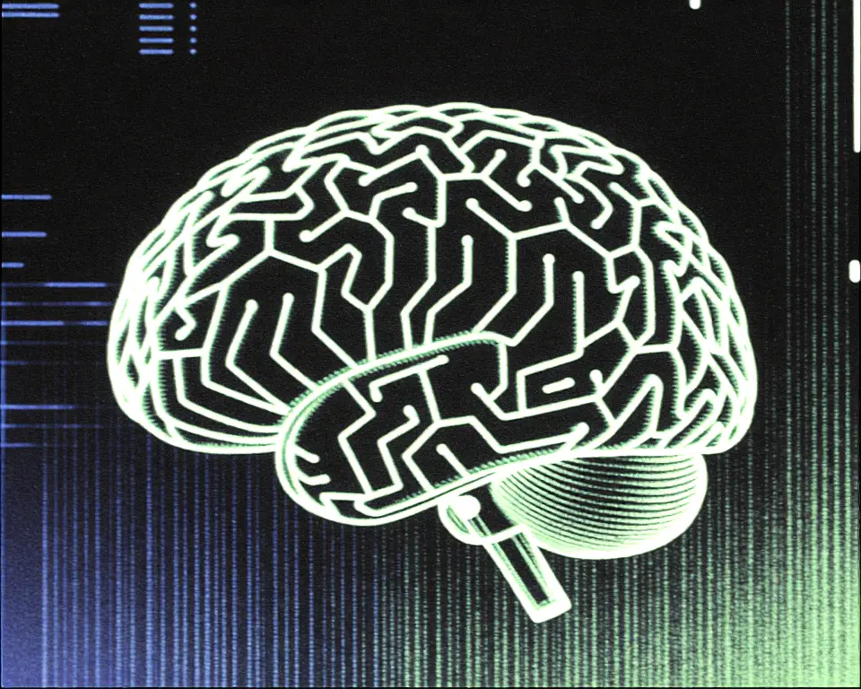 Glowing cybernetic mechanical brain with complex circuitry patterns.