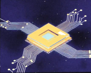 Glowing graphics card core of a luminous digital wireframe with deep purple and contrasting to bright gold.
