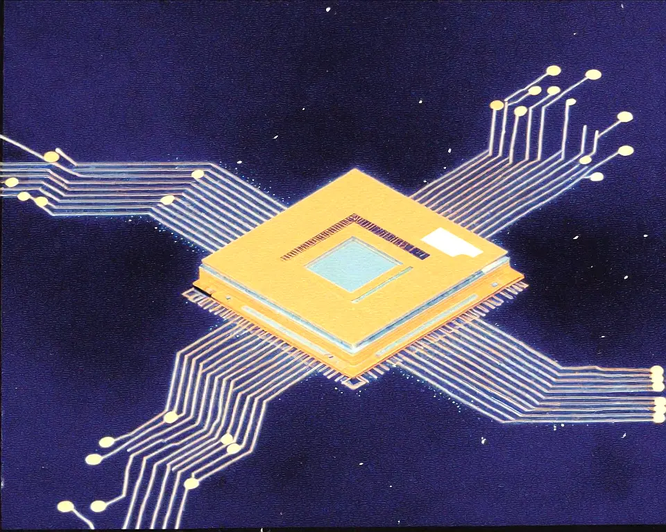 Glowing graphics card core of a luminous digital wireframe with deep purple and contrasting to bright gold.