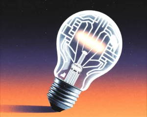Glowing lightbulb with frosted glass and neon wireframe design.