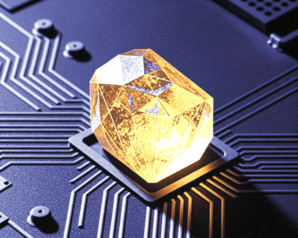 Glowing yellow sulfur crystal block resting on a local computer circuit board.