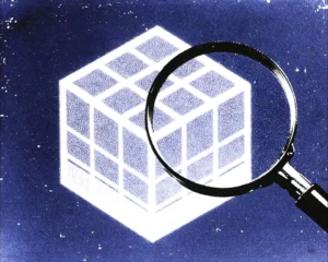 Graphic design magnifying glass inspecting a glowing geometric data cube.